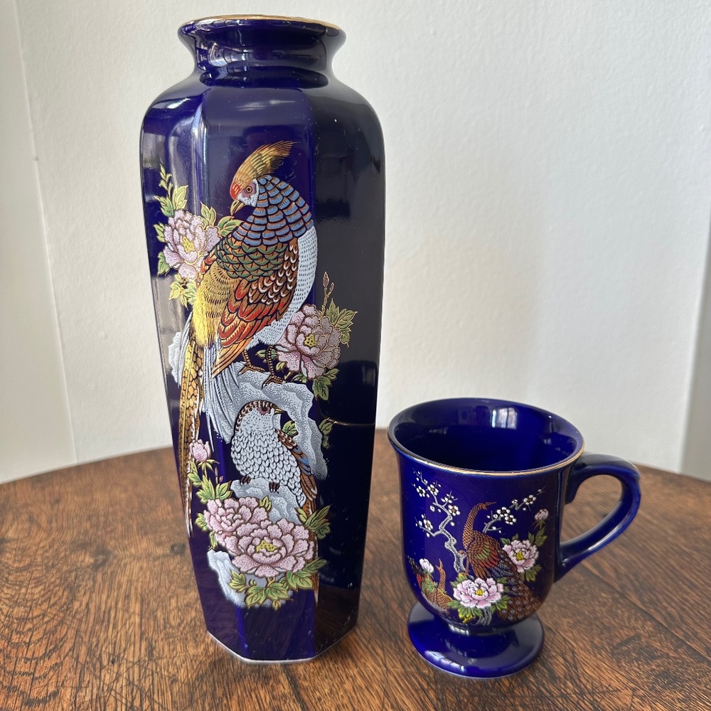 Vintage Japanese Cobalt Blue Vase & Mug Set – Peacock & Floral Design, Gold Trim